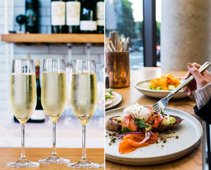 Split photo with 3 champagne flutes on the left and 3 plates with brunch dishes on a wooden tabletop on the right